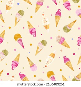 Cute Ice cream waffle cone vector seamless pattern. Summer frozen dessert flat illustration or web, site, advertising, banner, poster, board and print