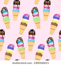 Cute ice cream in a waffle cone seamless pattern. Sweet dessert with chocolate topping. For textiles, paper, fabrics, wallpaper, wrapping, backdrop. Vector illustration.