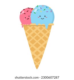 Cute ice cream in waffle cone on white background