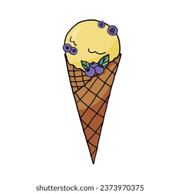 Cute ice cream waffle cone with berries hand-drawn doodle. Vector illustration EPS10. Can be used for banners, sites, menu design, packaging or cooking book. Isolated on white background