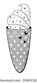 Cute ice cream waffle cone, vector black and white illustration