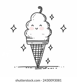 Cute ice cream in waffle cone. Hand drawn vector illustration. With white background. 