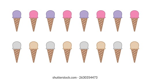 Cute ice cream waffle cone dessert sprite icons for mobile games or advertising. A frozen treat that warms your heart. Full of sweet goodness and flavorful design. Vector illustrations, EPS 10.