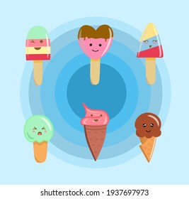 Cute ice cream in a waffle cup and on a stick, chocolate, fruit flavor, suitable for ice menus, stickers, t-shirt graphics, children's books. Kawaii Style. Vector illustration. 