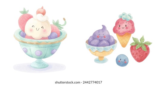 cute ice cream watercolour vector illustration 