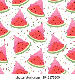 Cute Ice Cream watermelon seamless pattern. Vector hand drawn illustration.