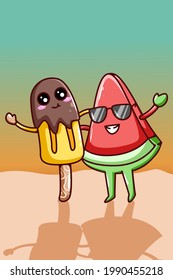 Cute ice cream with cute watermelon in the summer cartoon illustration