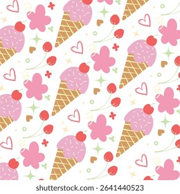 Cute ice creams, cheery, heart and flower on a white background. A seamless vector pattern. Great for home decor, fabric.