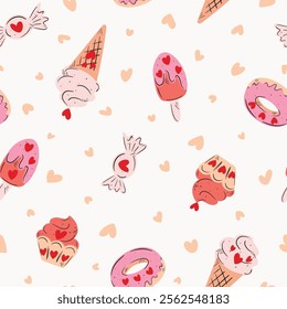 Cute ice creams, doughnuts, toffees and cupcakes pattern with heart sprinkles in orange, pink, peach, cream and red on off white background. A seamless vector pattern. Great for home decor, fabric.