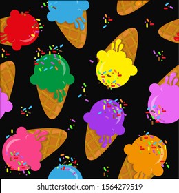 Cute ice creams on black background. Seamless pattern.