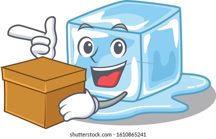 Cute ice cube cartoon character having a box