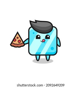lindo cubo de hielo comiendo pizza, diseño de estilo lindo para camiseta, pegatina, elemento logo