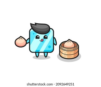lindo personaje de cubo de hielo comiendo panecillos al vapor, diseño de estilo lindo para camisetas, pegatinas, elemento logo