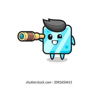 el lindo personaje de cubo de hielo sostiene un viejo telescopio, diseño de estilo lindo para camisetas, pegatinas, elemento logo
