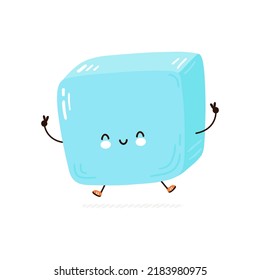 Carácter cubo de hielo lindo. Caricatura dibujada a mano del vector icono de ilustración del personaje kawaii. Aislado sobre fondo blanco. Concepto de carácter de cubo de hielo