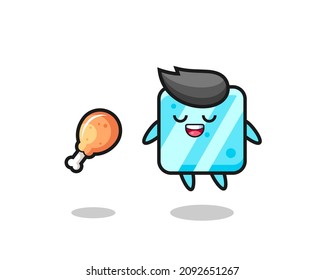 cubo de hielo lindo flotando y tentado por pollo frito, diseño de estilo lindo para camiseta, pegatina, elemento logo