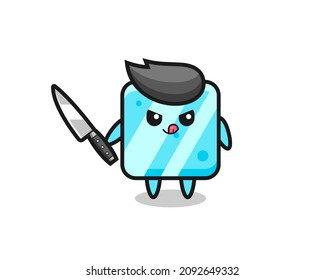 cute ice cube mascot as a psychopath holding a knife , cute style design for t shirt, sticker, logo element