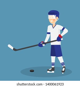 Cute ice hockey player with stick and puck ready for play - vector flat style illustration