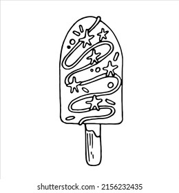 Cute ice popsicle with stars. Black and white vector image. 