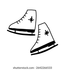 Cute ice skates in hand drawn doodle style, vector illustration isolated on white background. Winter sport equipment outline drawing.