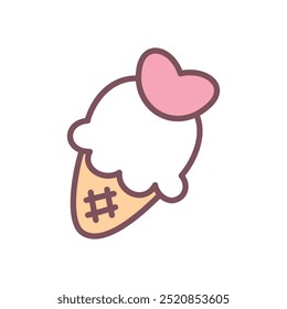 Cute ice-cream decorated with a heart icon. Hand drawn illustration of a waffle cone with ice cream isolated on a white background. Kawaii St. Valentine day sticker. Vector 10 EPS.
