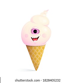 Cute icecream sweet monster with one big eye smiling happy. Funny ice cream creature character cartoon for children, vector 3d illustration.