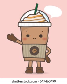 Cute iced coffee in plastic dome glass smiling welcome face character with bubble talk. Vector illustration isolated.