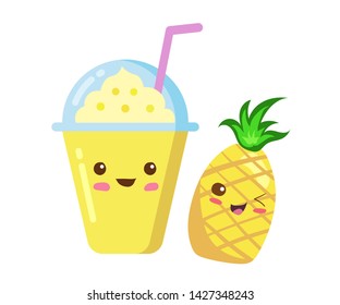 Cute Iced Fruit Smoothie in a plastic cup with rich foam. Vector kawaii drink illustration in cute cartoon style isolated on white background. Happy, funny smiling Pineapple smoothie. Kids menu design