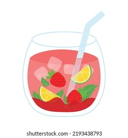 Cute Iced Strawberry Cocktail Mojito With Lime, Mint Leaf, Syrup, And Ice Cube For Fresh Tropical Summer Drink In Hand Drawn Icon Clipart Vector On White Background