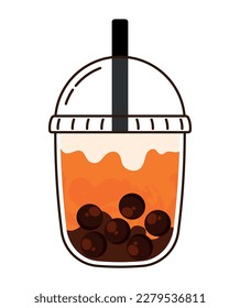 Cute Iced Thai Tea with Bubble Boba in Cup with Straw with Line Graphic Illustration Isolated on White Background