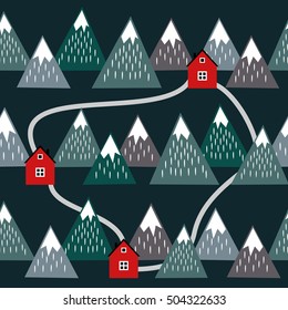 Cute Icelandic landscape with houses and mountains. Seamless pattern with geometric snowy mountains and homes. Colorful Iceland nature illustration. Vector mountains background.
