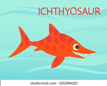 Cute Ichthyosaur swimming. Dinosaur life. Vector illustration of prehistoric character in flat cartoon style isolated on underwater background. Funny orange Ichthyosaurus. Element for design.