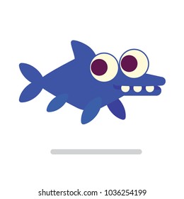 Cute Ichthyosaur swimming. Dinosaur life. Vector illustration of prehistoric character in flat cartoon style isolated on white background. Funny blue Ichthyosaurus with big eyes. Element for design.