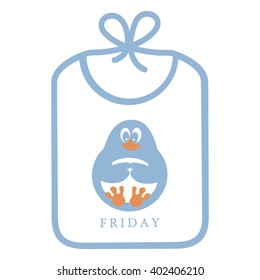 Cute icon with bib with a picture of a funny cartoon penguin on a white background