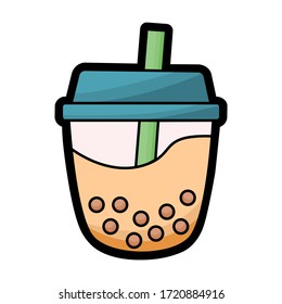 Cute icon cartoon bubble milk tea, transparent glass, green tube, blue lid. Vector illustration about food and drink.