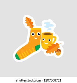 Cute icon with cartoon friends. Vector illustration with socks, mug and acorn.