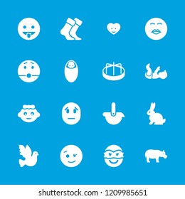Cute icon. collection of 16 cute filled icons such as baby girl, child playground carousel, wink emot, kiss emot, bird, heart face. editable cute icons for web and mobile.