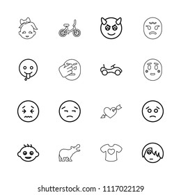 Cute icon. collection of 16 cute outline icons such as baby, bike, sad emot, upset emot, emoji showing tongue, hippopotamus, baby girl. editable cute icons for web and mobile.
