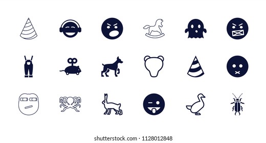 Cute icon. collection of 18 cute filled and outline icons such as mouse toy, sad emot, emoji showing tongue, angry emot, emoji, ghost. editable cute icons for web and mobile.