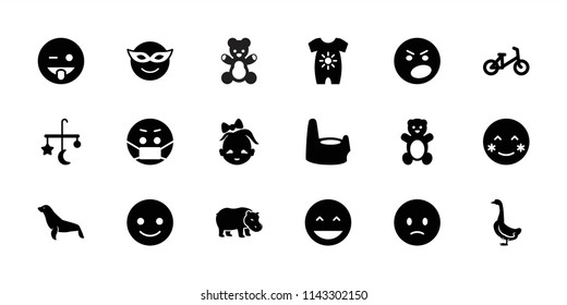 Cute icon. collection of 18 cute filled icons such as goose, seal, bed mobile, teddy bear, baby onesie, child bicycle, baby potty. editable cute icons for web and mobile.