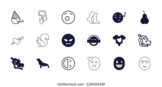 Cute icon. collection of 18 cute filled and outline icons such as seal, emoji listening music, devil emot, emoji, hippopotamus. editable cute icons for web and mobile.