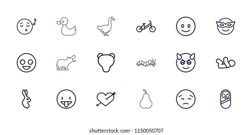 Cute icon. collection of 18 cute outline icons such as rabbit, baby food, child bicycle, baby, crazy emot, smiling emot, emoji in mask. editable cute icons for web and mobile.