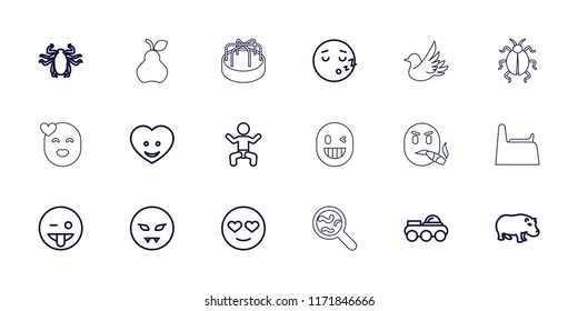 Cute icon. collection of 18 cute outline icons such as baby, hippopotamus, beetle, emoji showing tongue, emot in love, devil emot. editable cute icons for web and mobile.