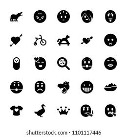 Cute icon. collection of 25 cute filled icons such as hippopotamus, goose, baby food, child bicycle, laughing emot, sad emot. editable cute icons for web and mobile.