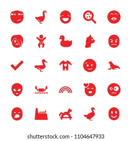 Cute icon. collection of 25 cute filled icons such as goose, duck, wink emot, kiss emot, rolling eyes emoji, toy horse, bacteria. editable cute icons for web and mobile.