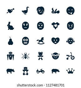 Cute icon. collection of 25 cute filled icons such as hippopotamus, teddy bear, bike, emoji in mask, emot showing tongue, bear teddy. editable cute icons for web and mobile.