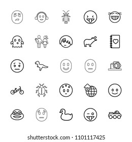 Cute icon. collection of 25 cute outline icons such as hippopotamus, duck, child bicycle, dinosaur, smiling emot, emoji showing tongue. editable cute icons for web and mobile.