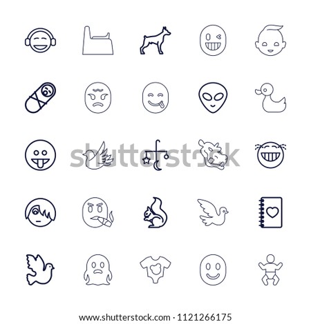 Cute icon. collection of 25 cute outline icons such as dog, squirrel, bed mobile, laughing emot, emo emot, emoji, alien head. editable cute icons for web and mobile.