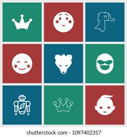 Cute icon. collection of 9 cute filled and outline icons such as crown, blush, shy emoji, robot, baby, emot in sun glasses, bear. editable cute icons for web and mobile.