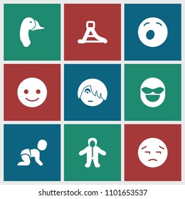 Cute icon. collection of 9 cute filled icons such as smiling emot, upset emot, waterslide, goose, baby. editable cute icons for web and mobile.